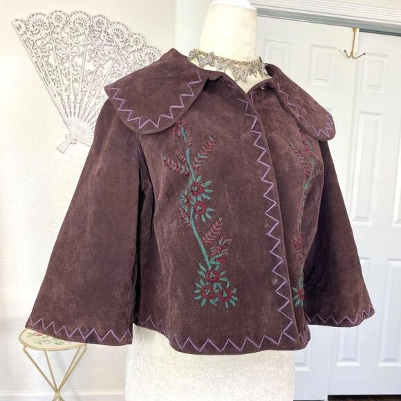90s Whimsygoth Boho Floral Embroidered Bolero Suede Leather Cape Jacket 8 / M - Picture 2 of 7